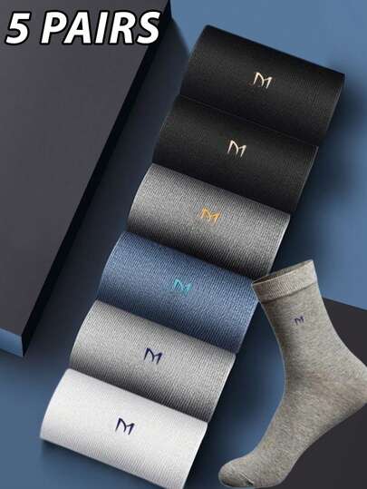 5-Pack Men's Business Casual Socks, Antibacterial, Breathable, Moisture-Wicking, Odor-Resistant, Versatile Mid-Calf Socks With Letter Pattern - Machine Washable.