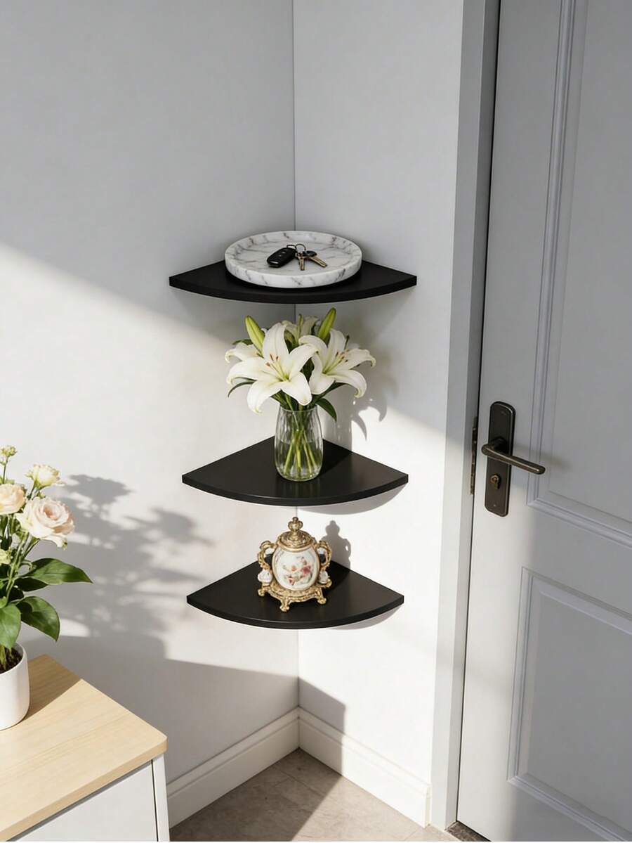 1/3 piezas Estantería de esquina flotante negra, estantería de almacenamiento montada en la pared ahorradora de espacio, estantería de estilo granja moderna, estantería de esquina de almacenamiento de varias capas para cocina, baño, dormitorio, sala de estar, oficina, exhibición
