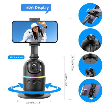 Chân máy ảnh tự động theo dõi khuôn mặt, xoay 360°, dùng để chụp ảnh và quay video, không cần ứng dụng, có điều khiển từ xa và cử chỉ, chân đế chụp ảnh thông minh có thể sạc lại, thích hợp cho quay video trực tiếp và vlog (Màu đen)