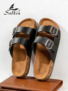 Salkin 经典男士拖鞋，双扣设计，柔软软木鞋底，时尚哑光黑色，方便穿脱，鞋面柔软舒适透气，镂空设计，防滑耐磨鞋底，速干防臭，轻便户外沙滩凉鞋，大码 - 黑色 - 查看 11
