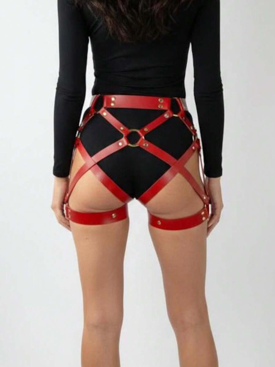 1pc Women's Gothic Style Adjustable Red PU Suspender, Suitable For Festivals, Clubbing, Attention-Grabbing Outfit Or Carnival Party Matching - Red - View 1