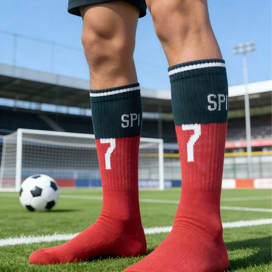 1 Pair Red Numeric Print Sports Socks, Breathable Basketball Socks For Men - Red - View 1