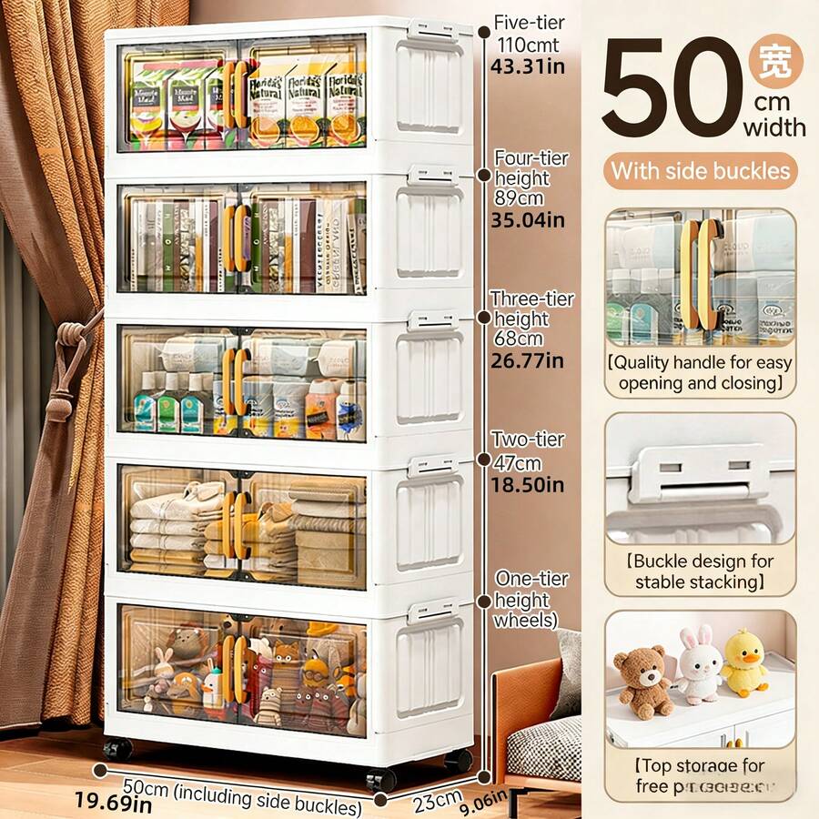 3/4/5 Tier Extra Large Folding Storage Cabinet - With Lid Plastic Storage Bins, Stackable Wheeled Container, Wardrobe, Bedroom, Office, Kitchen Organization And Room Decor Collapsible Storage System