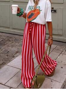 Women's Casual Striped Straight Leg Loose Pants, Suitable For Summer Holiday And Daily Wear Vacation Spring - Red - View 6