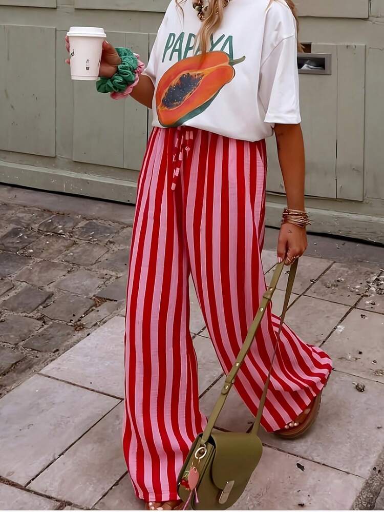 Damen Lässig gestreifte gerade geschnittene weite Hose, geeignet für Sommerurlaub und täglichen Lässig look Frühling - Rot - Übersicht 6