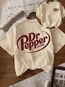 Women Vintage Soda Logo Print Crew Neck T-Shirt, Loose Drop Shoulder Short Sleeve Top, All Season Streetwear Casual Tee For Spring & Summer - 杏色 - 查看 9