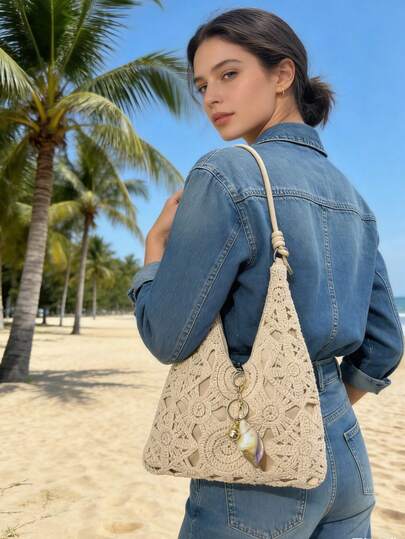 Spring & Summer Classic Handmade Woven Zipper Bag With Seashell Keychain Pendant, Lined Interior, Casual Fashionable Underarm Mesh Woven Shoulder Bag For Women. Adjustable Strap, Handheld Small Square Bag, Suitable For Daily Commute, Vacation, Beach. Hollow Crochet Knitted Underarm Bag For Fashionable Women.