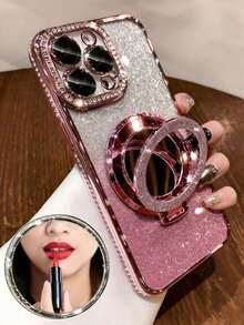 Ốp điện thoại mạ điện sang trọng đính đá lấp lấp lánh, gương trang điểm có chân đế từ tính, tương thích với iPhone 16E 15 14 13 12 Pro Max 14 15 Plus 11, Galaxy A13 A14 A15 S23 S24 S25 EDGE, Mate 50 60 X9a X9b, Magic 5 Lite 6 Lite, phiên bản quốc tế, không phải phiên bản nội địa. - Hồng - Xem 1