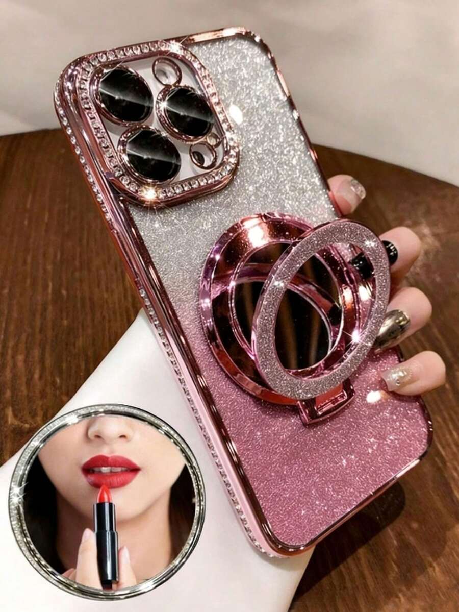 Ốp điện thoại mạ điện sang trọng đính đá lấp lấp lánh, gương trang điểm có chân đế từ tính, tương thích với iPhone 16E 15 14 13 12 Pro Max 14 15 Plus 11, Galaxy A13 A14 A15 S23 S24 S25 EDGE, Mate 50 60 X9a X9b, Magic 5 Lite 6 Lite, phiên bản quốc tế, không phải phiên bản nội địa. - Hồng - Xem 1
