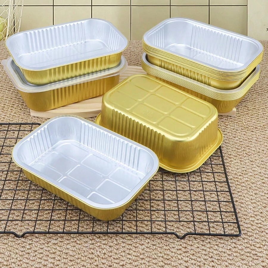 10pcs Gold Rectangular Aluminum Foil Baking Trays, Thick & Durable, Suitable For High-End Party, Wedding, Baking, Takeout Packaging, Oven-, With Or Without Lids