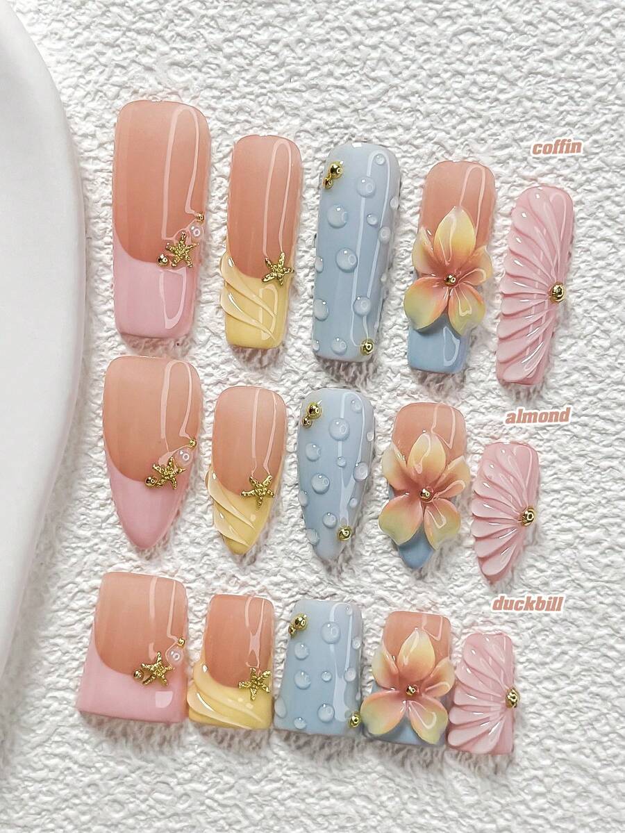 10Pcs Gentle Floral Style Handmade Nail Art Set,Polygel Nail Set,Starfish, Golden Pearl Nail Art Accessories,A Fresh And Refined Style,Includes Nail Tools,3 Sizes Available,Almond Nails , Duck Nails,Coffin Nails For Party, Dance, Daily Wear. - 彩色 - 查看 1