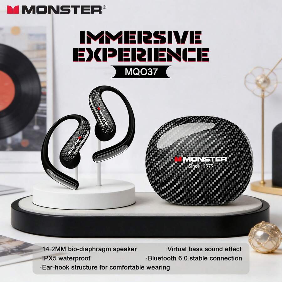Monster MQO37 无线蓝牙 6.0 降噪耳机，Hi-Fi 立体声音乐，高清通话，IPX5 防水运动耳机带麦克风