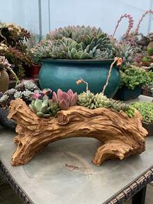 1pc Vintage Tree Stump Planter For Succulents, Unique Indoor/Outdoor Desk Decor Planter With Drainage Hole, Rustic Style Decorative Plant Pot, Gardening Tool, Container Accessory/Planter Rustic Garden Decor - Retro - View 7