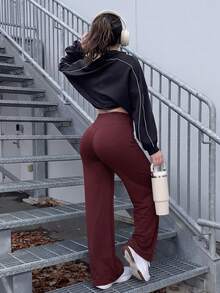 女款高腰喇叭瑜珈褲，提臀彈性寬鬆喇叭腿運動褲，可機洗，寬腿緊身褲，直筒腿 - 酒紅色 - 查看 4