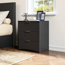 Classic Bedside Table With 3 Spacious Drawers – Unique Grooved Design, High-Quality Metal Handles & Quiet Runners – Sturdy Base – Black - Black - View 8