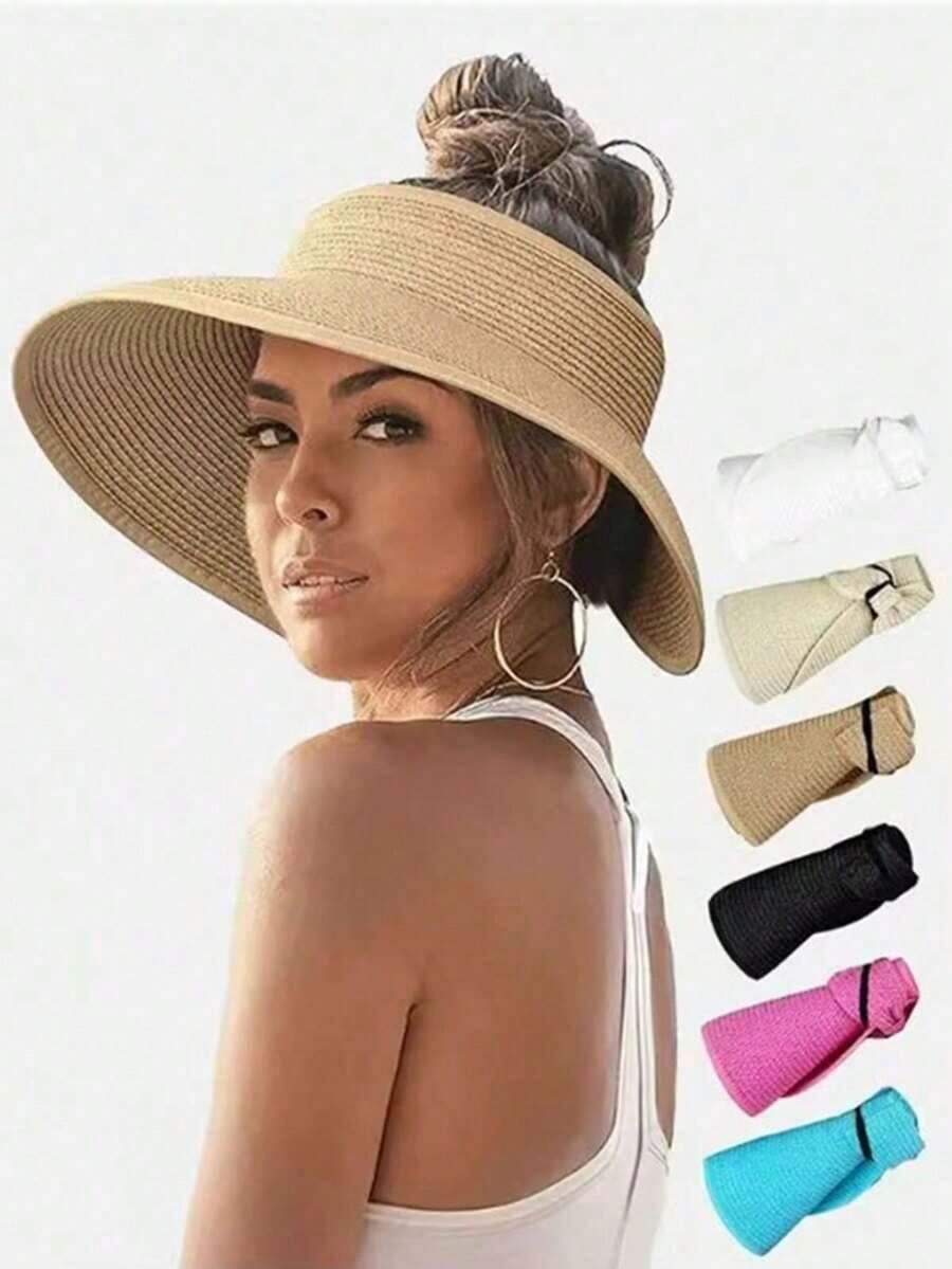 Women's Visor Hats Wide Brim Straw Beach Hat Ponytail Hats Women Foldable Floppy - A - 查看 1
