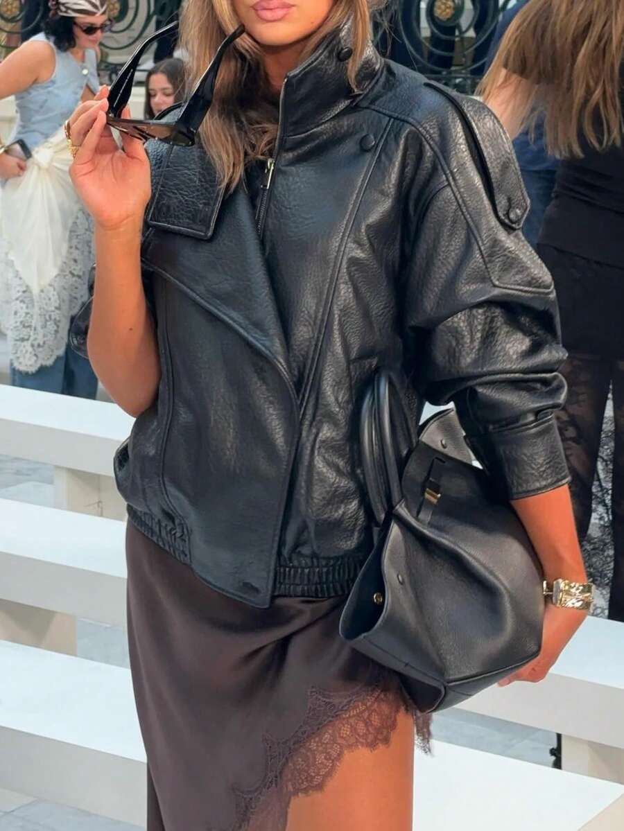 Chaqueta de cuero de textura de lichí versátil y minimalista de estilo europeo y americano para mujer, de alta gama, para el otoño/invierno - Negro 2 - Ver 1