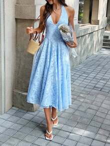 Unadoll 女士春季性感休闲V领系带露背提花面料优雅连衣裙，适合度假、约会、日常穿着、海滩、生日、派对等各种场合，夏季必备 - 藍色 - 查看 5