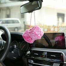 Couple Fuzzy Dice With Leather Retro Car Mirror Hanging Accessories Car Decoration - 粉紅色的 - 查看 3