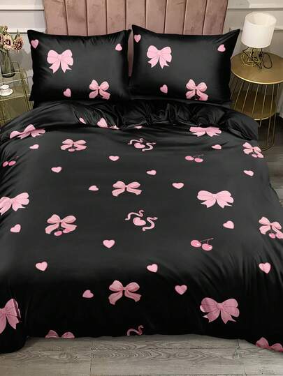 3件套黑色粉色可爱蝴蝶结樱桃图案被套套装（1个被套+2个枕套，不含被芯和枕芯），粉色蝴蝶结樱桃印花床上用品套装，适合学生宿舍或卧室