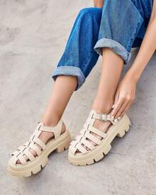 Coutgo Womens Platform Chunky Heels Sandals Gladiator Ankle Strap Heels Lug Sole Summer Fisherman Y2K Shoes - 裸粉色 - 查看 2
