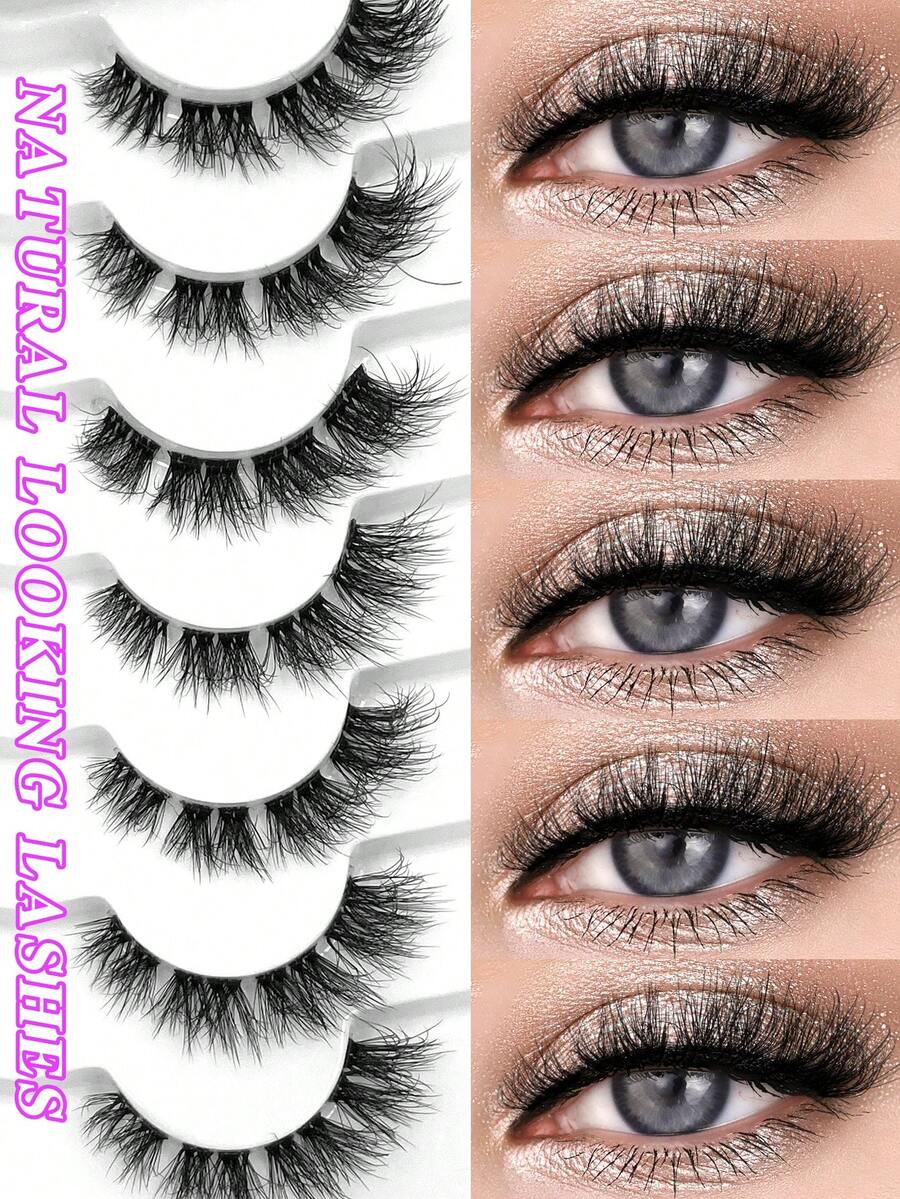 ENCHUW 7对假睫毛，纤细轻盈，透明睫毛梗，自然纤细交叉睫毛，派对妆容仿貂毛假睫毛 - 黑色 - 查看 1
