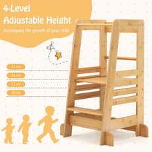 COSTWAY Toddler Standing Tower, Bamboo Kids Kitchen Step Stool With 4-Level Adjustable Height, Safety Rails And Anti-Tip Feet For 18+ Months, Natural - Apricot - View 7