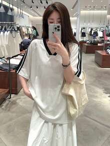 Áo kiểu dệt kim ngắn tay cổ chữ V dáng rộng màu trắng Star River Girl, phong cách tối giản, thích hợp cho mùa hè, ngày Valentine. - 2A14 Trắng và Đen - Xem 3