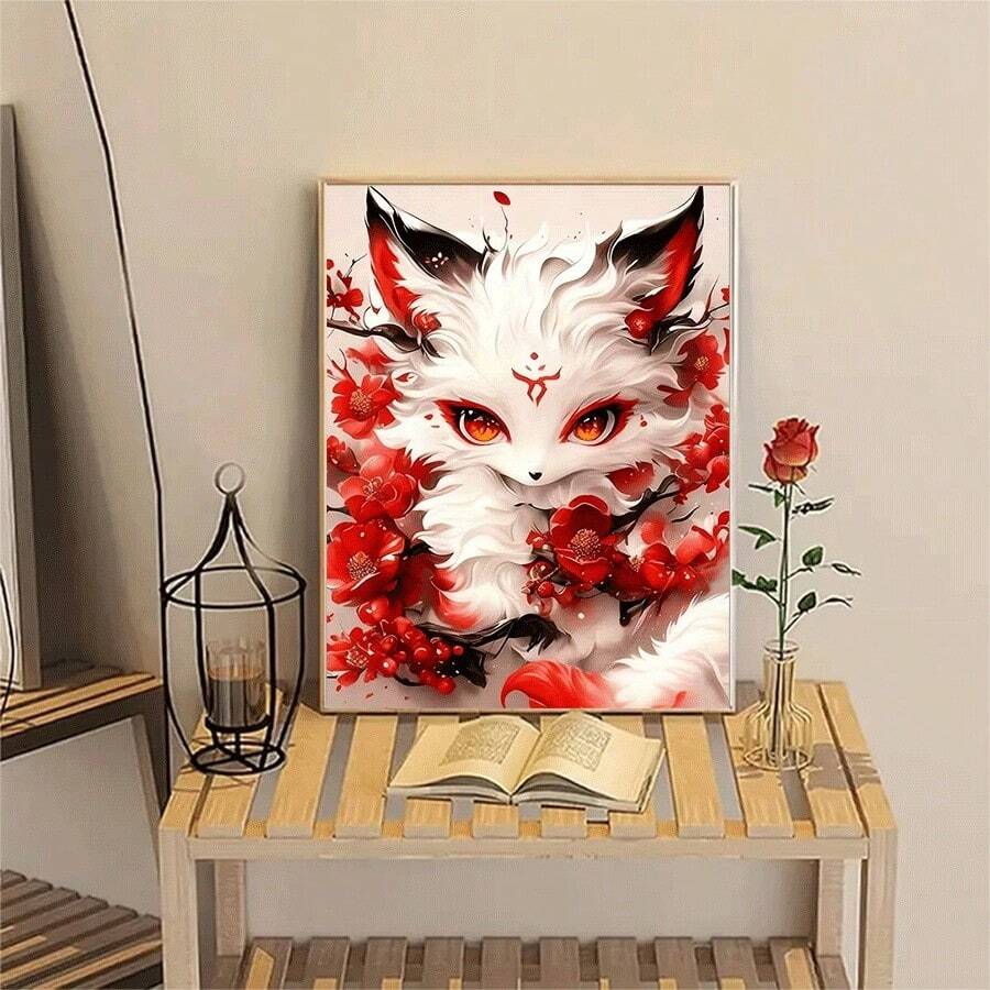 1件套5D DIY钻石画套装,独特的亚克力全圆钻马赛克艺术画布,复古红白狐狸图案,适合墙面装饰,客厅、卧室、办公室皆可,完美的创意手工艺术礼品,无框 - 圓鑽 - 查看 1