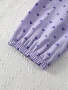 3 piezas Conjunto de pijama de mujer con estampado de corazones morados, cárdigan y pantalones de burbujas y arrugados - Lila Púrpura - Ver 5