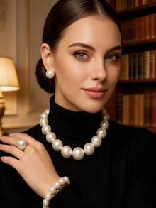 1件/5件套优雅别致的法式奢华大珍珠项链、手链、戒指、耳环首饰套装。时尚百搭、奢华迷人的女士首饰，适合派对、婚礼、聚会和日常佩戴。 - 優雅氣質輕奢風 - 查看 3