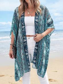 Summer Kimonos For Women Boho Floral Short Sleeve Flowy Cardigans Swimsuit Beach Cover Ups For Women - 湖藍色印花 - 查看 5