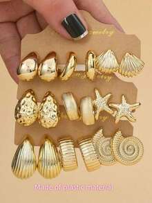 6-18pcs/Set Fashion Gold Starfish, Shell, Smooth Water Drop, Textured C-Shape Earring Set, Suitable For Summer Travel And Vacation Wear - Yellow Gold - View 1