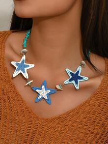 这款时尚优雅的波西米亚海洋元素蓝色木质海星和仿绿松石串珠项链，适合女士海滩度假、毕业典礼、节日礼物，每颗树脂珠都拥有独特的天然纹理。 - 彩色 - 查看 1