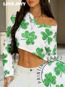Áo croptop dài tay trễ vai LOVE JOYY dành cho nữ, kiểu dáng giản dị và thời trang, in họa tiết cỏ bốn lá bóng bẩy, phù hợp cho các bữa tiệc mùa xuân và những buổi đi chơi hàng ngày, áo thun dài tay nữ. - Nhiều màu - Xem 2