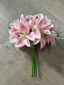 6朵/1支 33厘米 人造淡粉色百合花，丝绸花装饰，适用于家居、婚礼花束、生日派对、餐桌、花园、教室装饰 - 淺紫色 - 查看 10