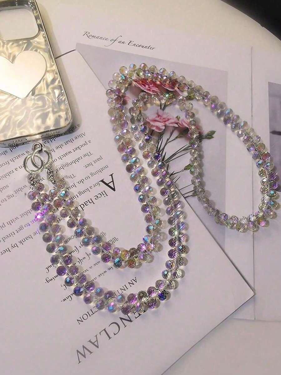 1pc Crystal Chain Long Necklace, Handmade Beaded Chain Made Of PP Material, Versatile For Hanging Phone, Bag, Crossbody Wear, Shiny Decorative Chain For Women, New Luxury Crystal Beaded Phone Lanyard, Elegant Shoulder Strap, Fashionable Phone Charm, Back To School Season - Multicolor - View 1