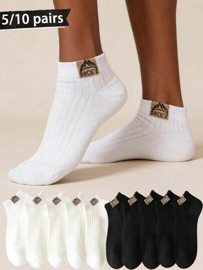 5 Pairs/10 Pairs Women's Black & White Thin Casual Short Socks, Letter Print, Versatile Summer Socks, Unisex Sports & Leisure Socks