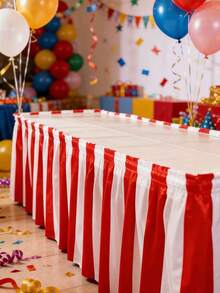 1 Set Red & White Striped Table Skirt, Circus Theme Party Table Skirt, Carnival Party Decor, Birthday Party Table Skirt, 168 Inch Carnival Theme Party Decoration Set, Carnival Table Skirt, Red & White Striped Tablecloth, Red & White Striped Pennant Flags, Circus Carnival Banner, Suitable For Carnival, Circus Decoration And Display - Multicolor - 查看 7