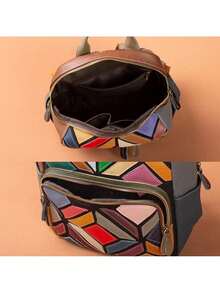New Genuine Leather Women's Bag, Colorful Casual Boho Geometric Pattern, Contrasting Color Casual Women's Backpack. - 彩色 - 查看 6