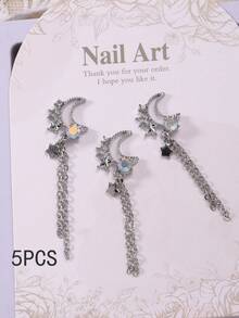 5pcs Star & Moon Chain Nail Decor, Luxury Silver 3D Alloy Metal Nail Jewelry, Multi-Color DIY Nail Art Accessories, Nail Gems, Nail Supplies Nails - Multicolor - View 5
