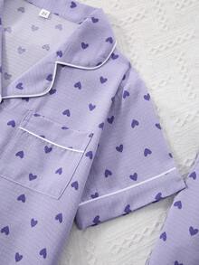 3 piezas Conjunto de pijama de mujer con estampado de corazones morados, cárdigan y pantalones de burbujas y arrugados - Lila Púrpura - Ver 4