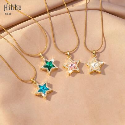 Hihho 1 chiếc vòng cổ hình ngôi sao năm cánh "Ước Nguyện Dưới Ánh Sao", đính đá Cubic Zirconia, thích hợp cho cả đi làm và hẹn hò.