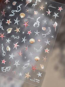 1片夏季深海海星贝壳美甲贴纸，美甲师必备，5D立体浮雕炫彩海星贝壳珊瑚美甲装饰设计，自粘式美甲贴纸，DIY美甲，女士美甲配饰礼品，海洋透明风格美甲贴纸 - 彩色 - 查看 4