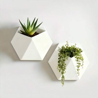 六边形壁挂式花盆，设计简约独特，带有安装孔，适合墙面装饰和植物摆放，园艺礼品家居装饰