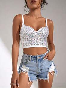 Fashionable Personalized Slimming Acrylic Sequin Backless Colorful Cropped Camisole Bustier Tank Top Casual White Summer - White - View 2