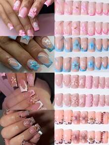 96pcs (4 Styles) Short Square Nail 3D Gel Nail Stickers, Polka Dot & Leopard Print Design Short French Press-On Nails, Includes 1 Gel Glue And 1 Nail File - Multicolor - View 2