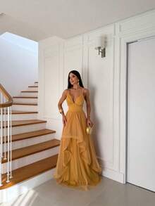 Greek Goddess Gala Dress In Tulle Without Glitter, With Capes And Invisible Zipper - Gold - View 3