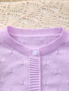 Baby Girl Knitted Round Neck Perforated Solid Color Cardigan - Mauve Purple - View 2