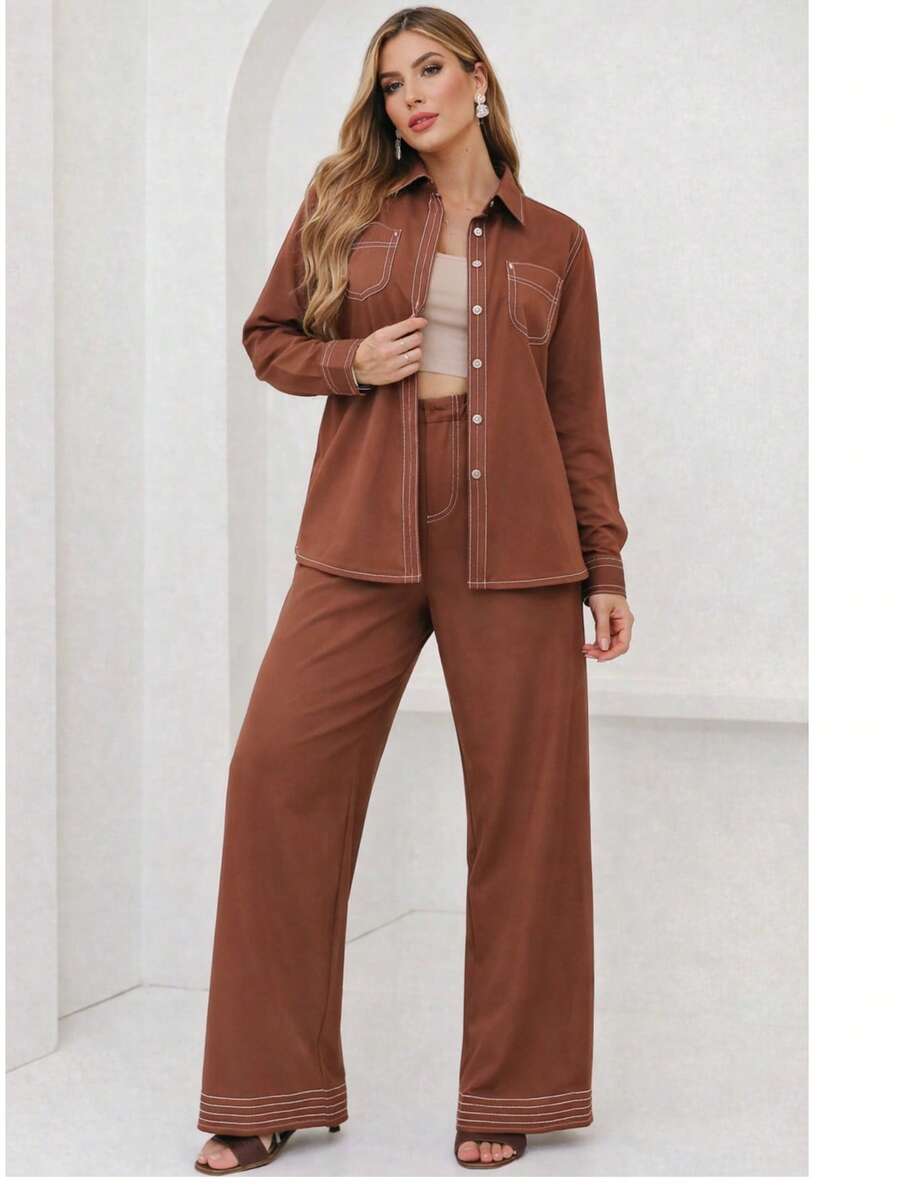 Women's Sensorial Set, M/G, Shirt + Pants, Elegant And Comfortable Fashion, Casual Look - 鏽棕色 - 查看 1